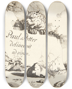 Triptych art skateboard deck of Marcus De Bye Titelblad Til Leoparder by Marcus de Bye (1638-1688)