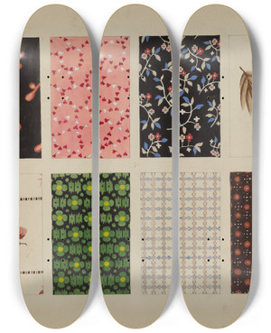 Triptych art skateboard deck of Dorothy Posten Figured Material From Quilt_2 by Dorothy Posten