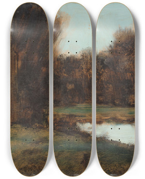 Triptych art skateboard deck of Jeanjacques Henner Paysage Dalsace Une Mare by Jean-Jacques Henner (1829-1905)