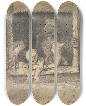 Triptych art skateboard deck of Benjamin Robert Haydon Children Leaning From A Window by Benjamin Robert Haydon (1786-1846)