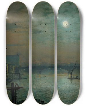 Triptych art skateboard deck of John Atkinson Grimshaw Southwark Bridge By Moonlight by John Atkinson Grimshaw (1836-1893)