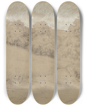 Triptych art skateboard deck of Peter Burnitz Cornfield At The Forest by Peter Burnitz (1824-1886)