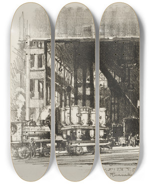 Triptych art skateboard deck of Joseph Pennell The Urns Casting Big Shells by Joseph Pennell (1857-1926)