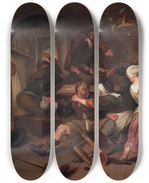 Triptych art skateboard deck of Jan Steen Gamblers Quarreling by Jan Steen (1626-1679)