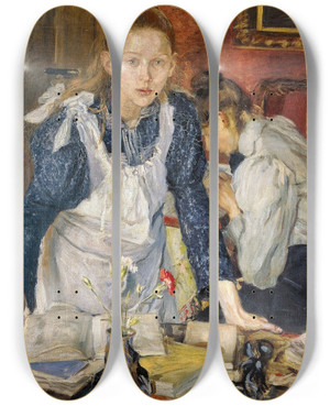 Triptych art skateboard deck of Fritz Von Uhde The Lesson by Fritz Von Uhde (1848-1911)