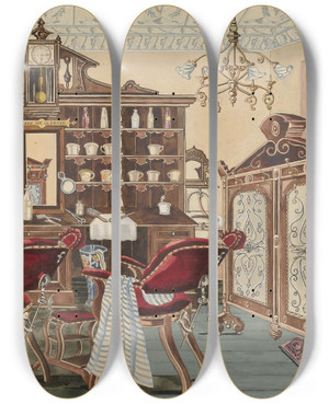 Triptych art skateboard deck of Perkins Harnly Barber Shop by Perkins Harnly (1901-1986)