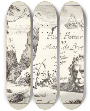 Triptych art skateboard deck of Marcus De Bye Titelblad Til Lver Bjrne Ulve Og Svin by Marcus de Bye (1638-1688)