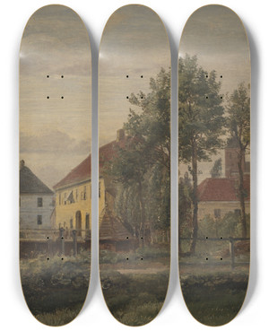 Triptych art skateboard deck of Dankvart Dreyer A Mill In Odense by Dankvart Dreyer (1816-1852)
