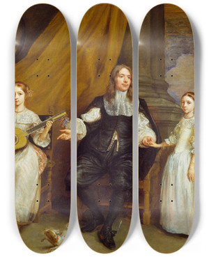 Triptych art skateboard deck of Gonzales Coques A Gentleman With His Two Daughters by Gonzales Coques (1614-1684)