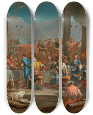 Triptych art skateboard deck of Giulio Carpioni Belshazzars Feast by Giulio Carpioni (1613-1678)