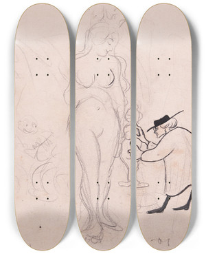 Triptych art skateboard deck of Ivar Arosenius Gerhard Henning Sculpting by Ivar Arosenius (1878-1909)