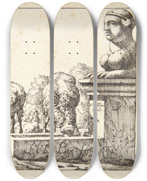 Triptych art skateboard deck of Marcus De Bye Titelblad Til Fr by Marcus de Bye (1638-1688)