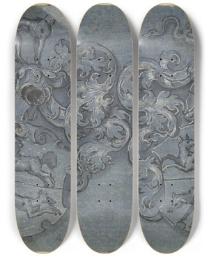 Triptych art skateboard deck of Jost Amman Two Crest Designs by Jost Amman (1539-1591)