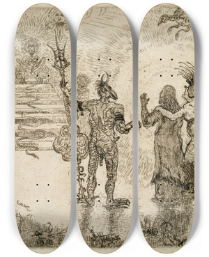 Triptych art skateboard deck of James Ensor The Devils Dzitts And Hihanox Leading Christ To Hell by James Ensor (1860-1949)