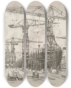 Triptych art skateboard deck of Joseph Pennell The Old Shipyard by Joseph Pennell (1857-1926)