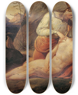 Triptych art skateboard deck of Joseph Von Fhrich The Good Samaritan by Joseph Von Fuhrich (1800-1876)