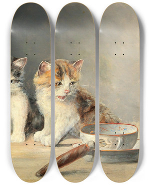 Triptych art skateboard deck of Moritz Mller Three Kittens by Moritz Melzer (1841-1899)
