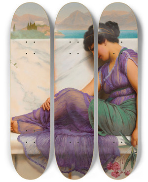 Triptych art skateboard deck of John William Godward Summer Idleness Day Dreams by John William Godward (1861-1922)