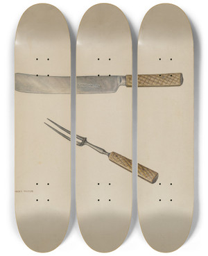 Triptych art skateboard deck of Stanley Mazur Knife And Fork by Stanley Mazur