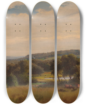 Triptych art skateboard deck of Johann Hermann Carmiencke Cows Grazing In A Pasture by Johann Hermann Carmiencke (1810-1867)