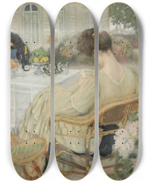 Triptych art skateboard deck of Henry Carodelvaille Ladies Taking Tea by Henry Caro Delvaille (1876-1926)