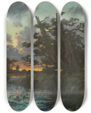Triptych art skateboard deck of Per Ekstrm Landscape After Sunset by Per Ekstrom (1844-1935)