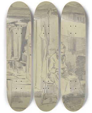 Triptych art skateboard deck of Jacob Happ Trdurchblick Mit Kartoffelschlerin by Jacob Happ (1861-1936)