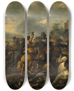 Triptych art skateboard deck of Gysbert Verhoek A Cavalry Skirmish by Gysbert Verhoek (1644-1690)