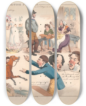 Triptych art skateboard deck of Henry Thomas Alken British Proverbs by Henry Thomas Alken (1785-1851)