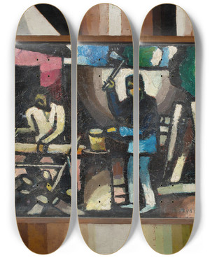 Triptych art skateboard deck of Arthur Segal Der Holzarbeiter Zyklus Arbeit by Arthur Segal (1875-1944)