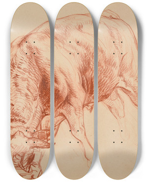 Triptych art skateboard deck of Jacquesraymond Brascassat Taurillon by Jacques Raymond Brascassat (1804-1867)