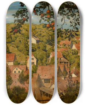 Triptych art skateboard deck of Hans Thoma Blick Auf Mamolsheim by Hans Thoma (1839-1924)
