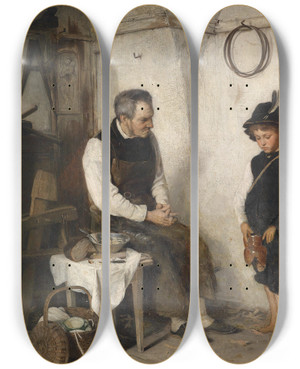 Triptych art skateboard deck of Gustav Igler Der Zerbrochene Krug by Gustav Igler (1842-1908)