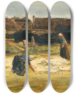 Triptych art skateboard deck of Max Liebermann Dorfwinkel Mit Bleiche Village Corner With Bleach by Max Liebermann (1847-1935)
