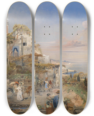 Triptych art skateboard deck of Robert Alott Sdliches Capriccio by Robert Alott (1850-1910)
