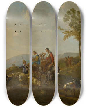 Triptych art skateboard deck of Jan Van Ossenbeeck Landscape With Shepherds by Jan Van Ossenbeeck (1624-1674)
