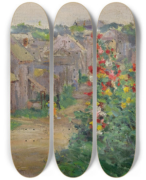 Triptych art skateboard deck of Claire Shuttle Hollyhocks by Claire Shuttle (1868-1930)