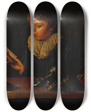Triptych art skateboard deck of Adam De Coster Boy Behind A Table With Statuettes Reading By Candlelight by Adam De Coster (1586-1643)