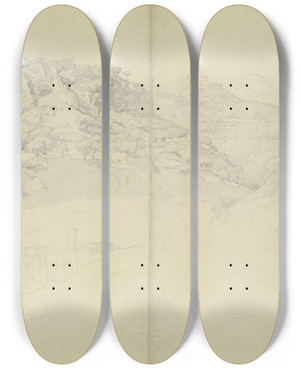 Triptych art skateboard deck of August Lucas Ansicht Von Subiaco Oben Rechts Studien Eines Mdchenkopfes by August Lucas (1803-1863)
