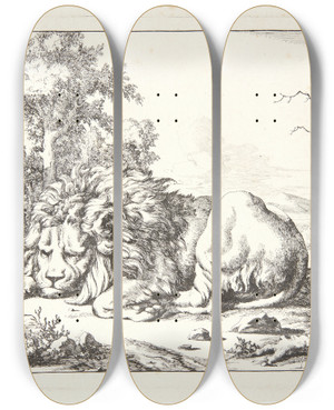 Triptych art skateboard deck of Marcus De Bye Liggende Lve Vendt Mod Venstre by Marcus de Bye (1638-1688)