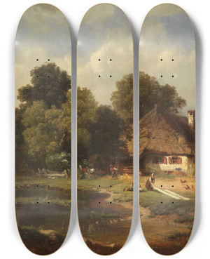 Triptych art skateboard deck of Carl Millner Landschaft Mit Bauernhof by Carl Millner (1825-1895)
