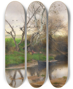 Triptych art skateboard deck of Emilio Snchezperrier A Quiet Stretch Of River by Emilio Snchez-Perrier (1855-1907)