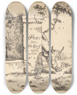 Triptych art skateboard deck of Marcus De Bye Titelblad Til Ker_3 by Marcus de Bye (1638-1688)