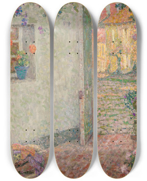 Triptych art skateboard deck of Henri Le Sidaner Le Seuil Fleuri by Henri Le Sidaner (1862-1939)