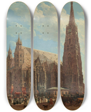 Triptych art skateboard deck of Rudolf Von Alt Der Stephansdom In Wien by Rudolf Von Alt (1812-1905)