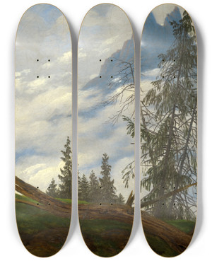 Triptych art skateboard deck of Caspar David Friedrich Mountain Peak With Drifting Clouds by Caspar David Friedrich (1774-1840)