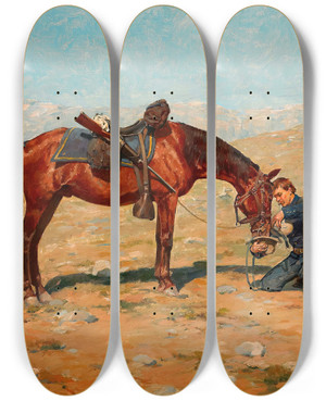 Triptych art skateboard deck of Charles Schreyvogel The Last Drop by Charles Schreyvogel (1861-1912)