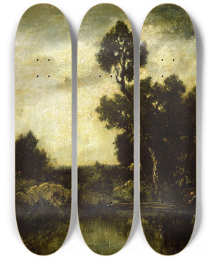 Triptych art skateboard deck of Thodore Rousseau Landscape_3 by Theodore Rousseau (1812-1867)