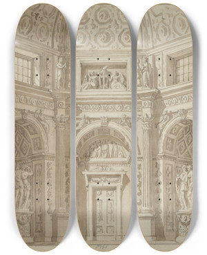 Triptych art skateboard deck of Tranquillo Orsi Interior Of An Octagonal Room by Tranquillo Orsi (1771-1845)