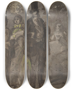 Triptych art skateboard deck of Constantin Guys Walking In The Park by Constantin Guys (1805-1892)